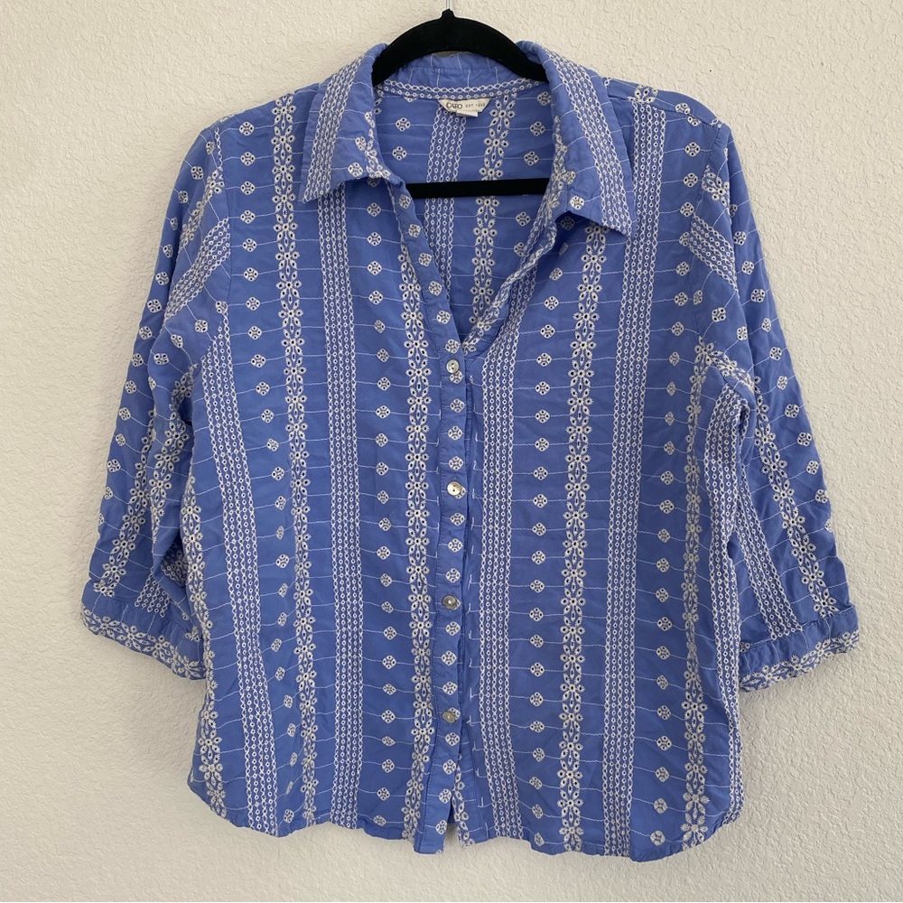 Cato Eyelet 3/4 Sleeves Button Up Blue White Floral Design Size 18/20 (XL) Boho